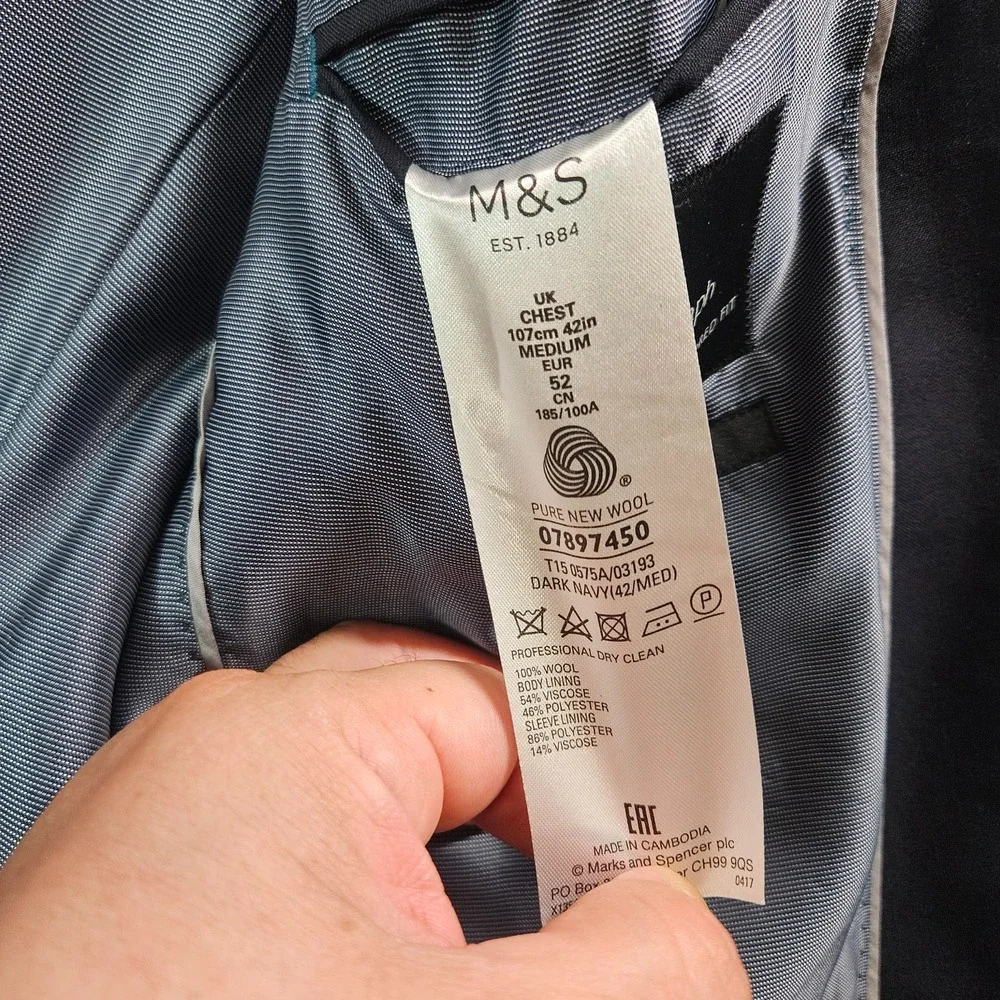 M&S Wool Suit Blazer Jacket Men‎ US 42 Eur 52 Medium Dark Navy Super 100's